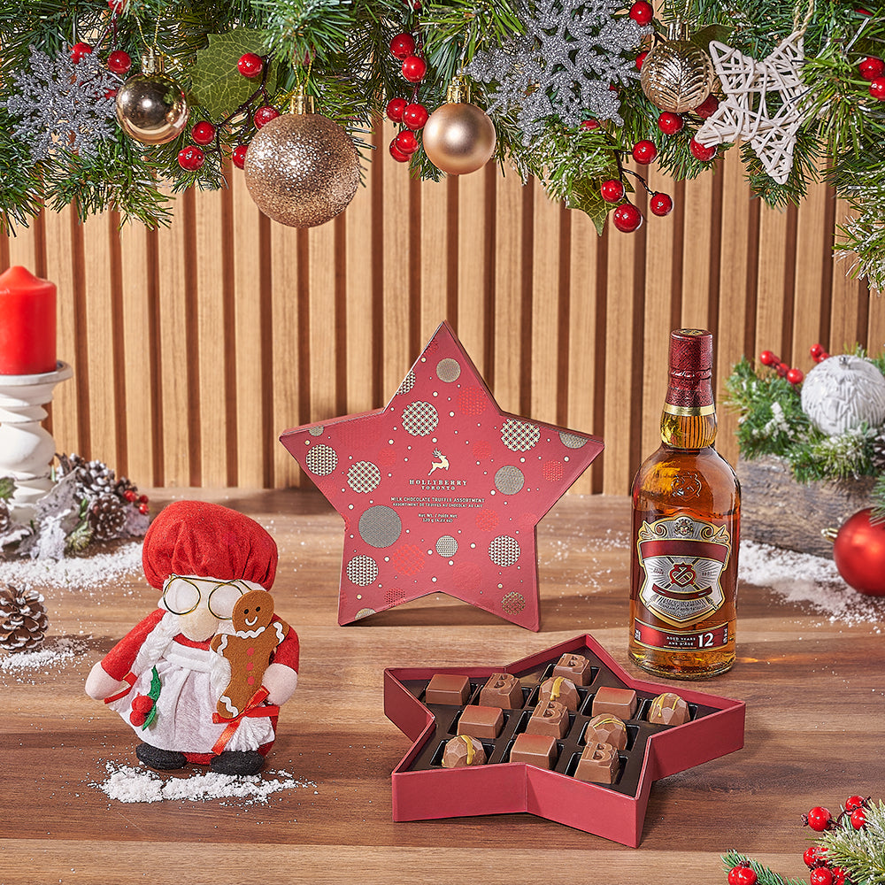 Festive Whiskey and Gourmet Chocolate Truffles Gift Basket – how the gift is presented