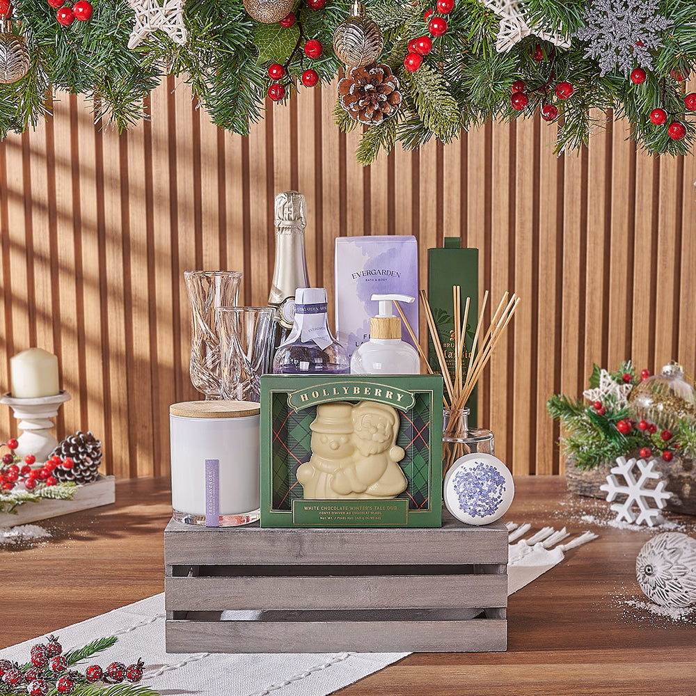 Joyful Champagne &amp; Spa Gift Crate, Christmas gift, Christmas, champagne gift, champagne, sparkling wine gift, sparkling wine, chocolate gift, chocolate, Vancouver delivery