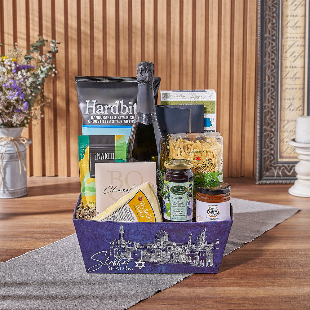 Kosher Sparkling Wine and Gourmet Hanukkah Market Tray Gift – how the gift is presented