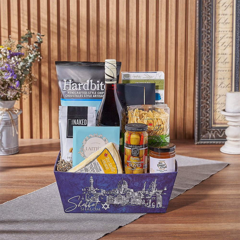 Kosher Wine with Gourmet Snack Gift Basket in Blue Market Tray – how the gift is presented
