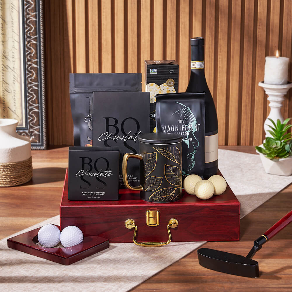 Luxe Putting &amp; Wine Gift Set, wine gift, wine, coffee gift, coffee, chocolate gift, chocolate, golf gift, golf, putting gift, putting, Vancouver delivery