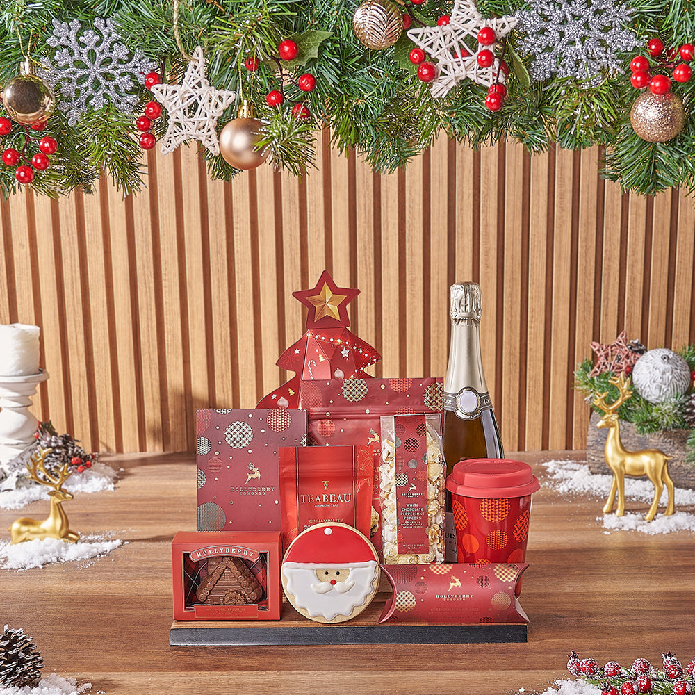 Festive Sparkling Wine Gift Basket with Holiday Chocolates – how the gift is presented