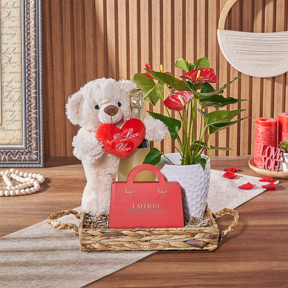 Valentine's Day Sparkling Wine with Anthurium Plant and Chocolate Gift – how the gift is presented
