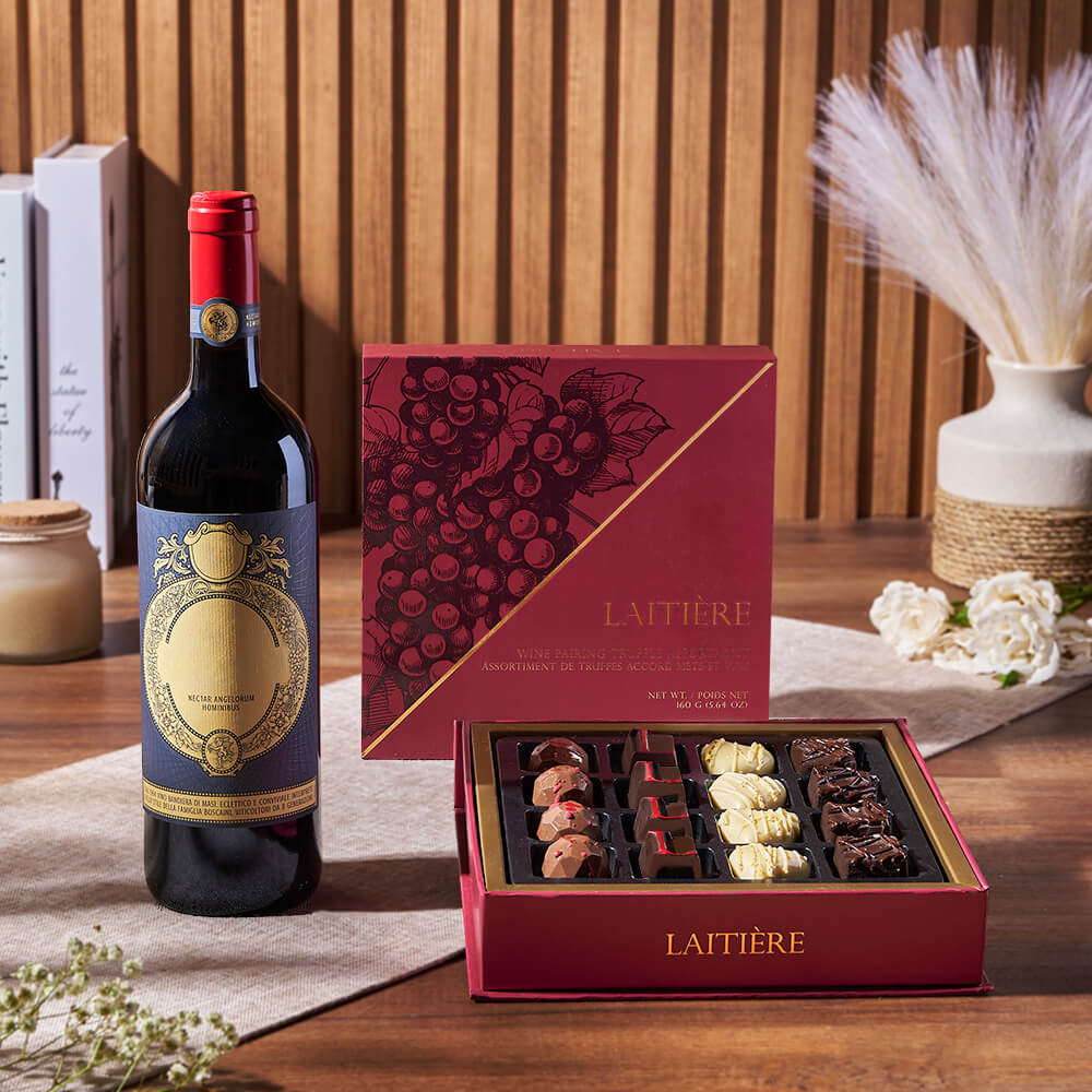 Wine and Gourmet Laitière Chocolate Truffles Gift Basket – how the gift is presented