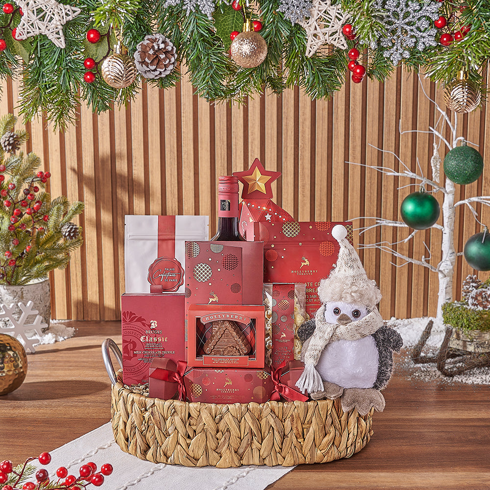 Festive Wine and Chocolate Basket – how the gift is presented