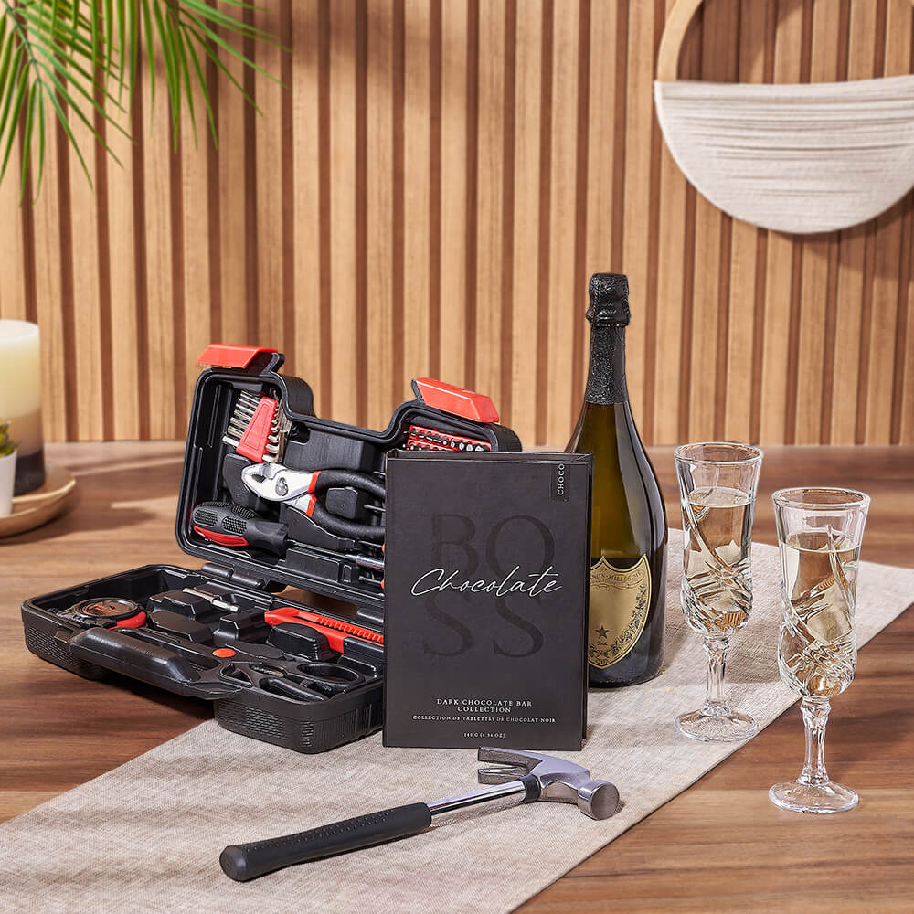 Sensible Champagne &amp; Tool Gift, champagne gift, champagne, sparkling wine gift, sparkling wine, chocolate gift, chocolate, tool gift, tools, Vancouver delivery