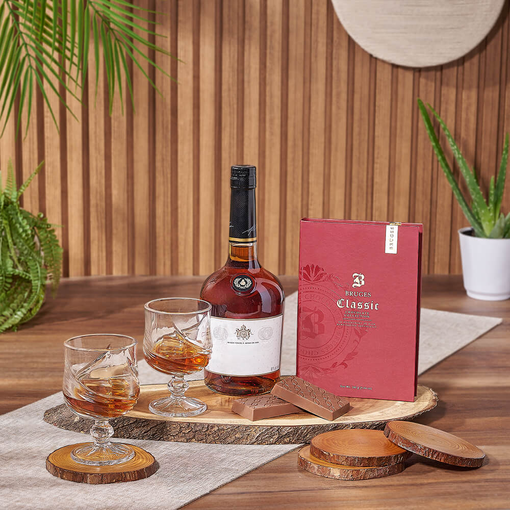 Vodka and Bruges Chocolate Basket – how the gift is presented