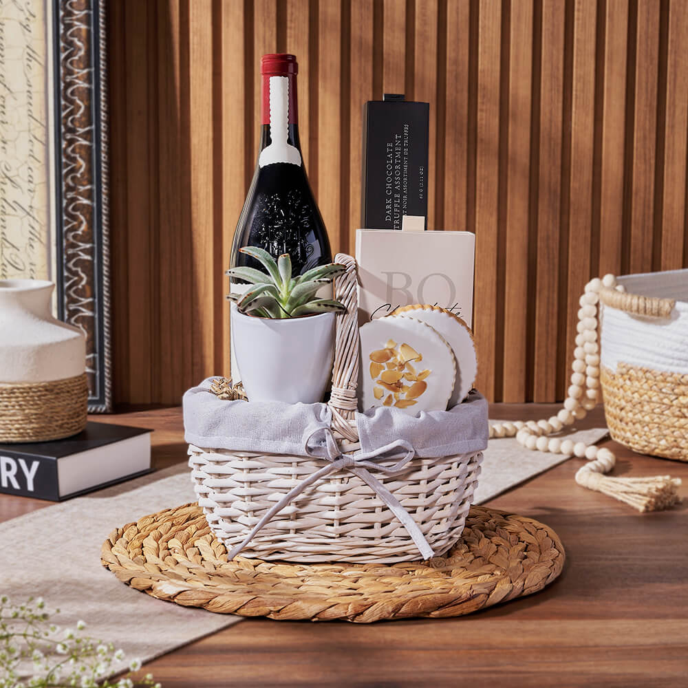 Wine Gift Basket with Succulent Plant and BOSS Chocolate Treats – how the gift is presented