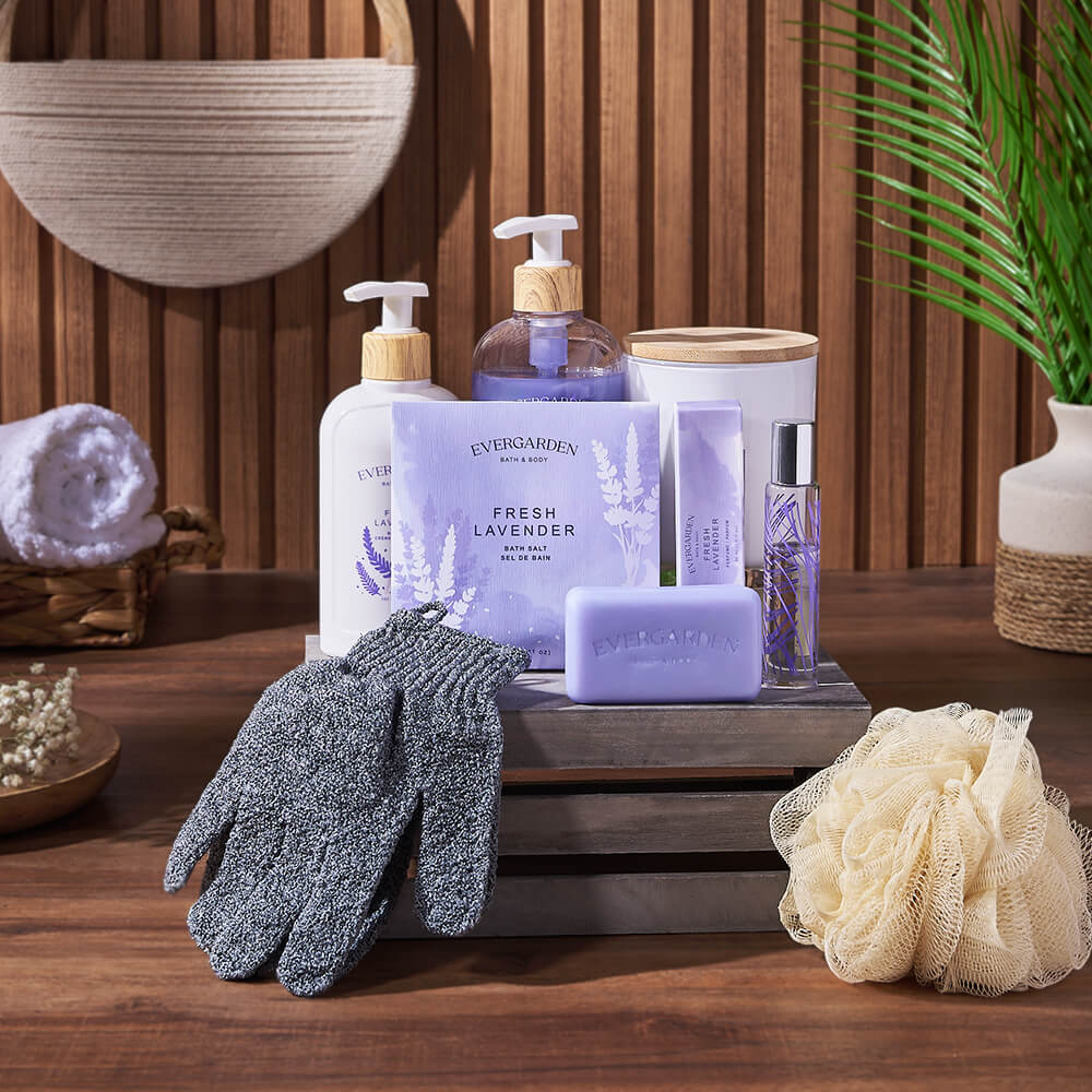 Lavender Spa Gift Basket in Wooden Crate – how the gift is presented