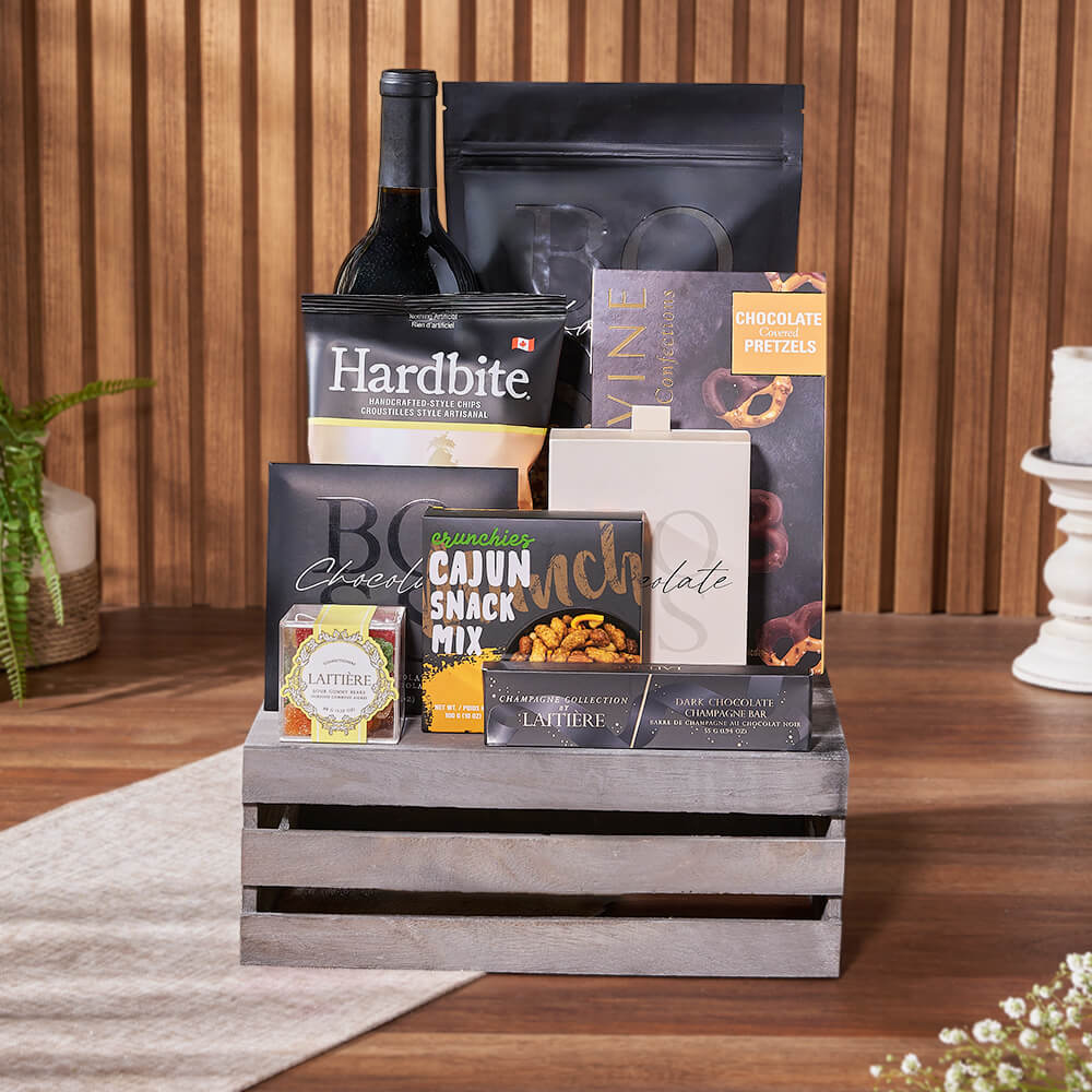 Wine and Snack Crate Gift Basket – how the gift is presented