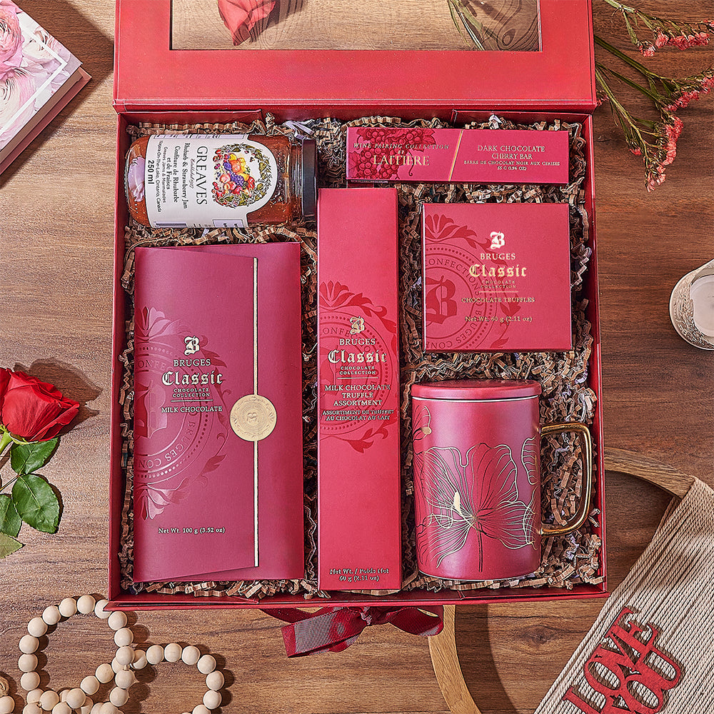 Valentine's Day Chocolate Collection Gift Basket with Ceramic Mug – how the gift is presented