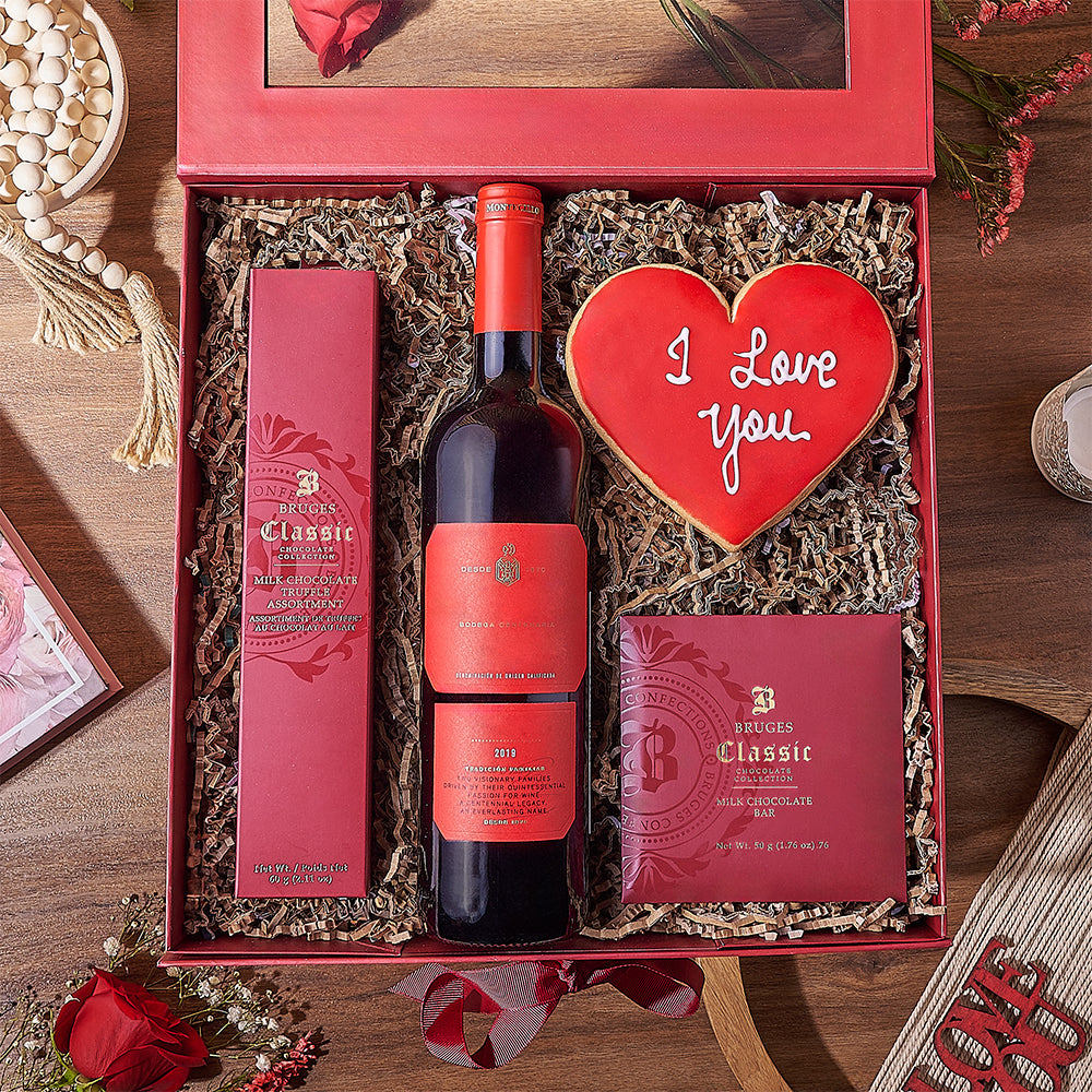 Valentine's Day Red Wine Gift Basket – how the gift is presented