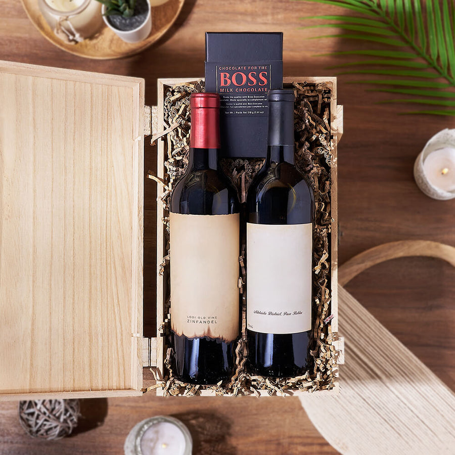 Vintage Wine Duo Gift Crate, wine gift, wine, chocolate gift, chocolate, Vancouver delivery