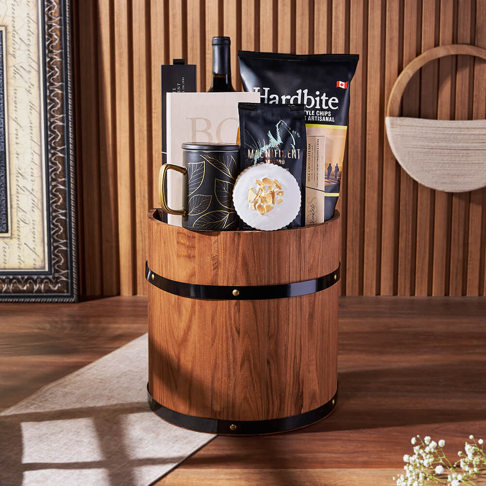 Premium Wine Gift Basket in Wooden Barrel with Coffee and Artisan Snacks – how the gift is presented