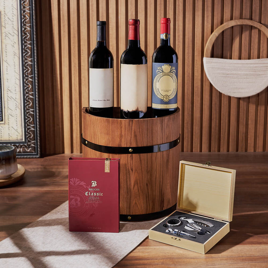 Wine Barrel Gift Set, wine gift, wine, wine trio gift, wine trio, chocolate gift, chocolate, Vancouver delivery