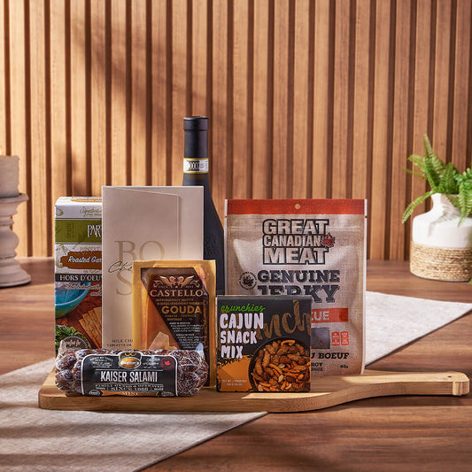 Wine & Cheesy Treats Platter, wine gift, wine, cheese gift, cheese, salami gift, salami, gourmet gift, gourmet, Vancouver delivery