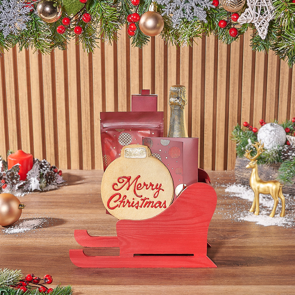 Sparkling Wine Holiday Sled Gift – how the gift is presented