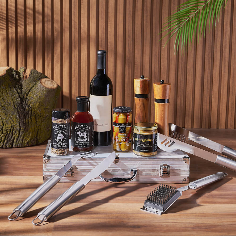 Wine and Premium Grill Gift Basket – how the gift is presented