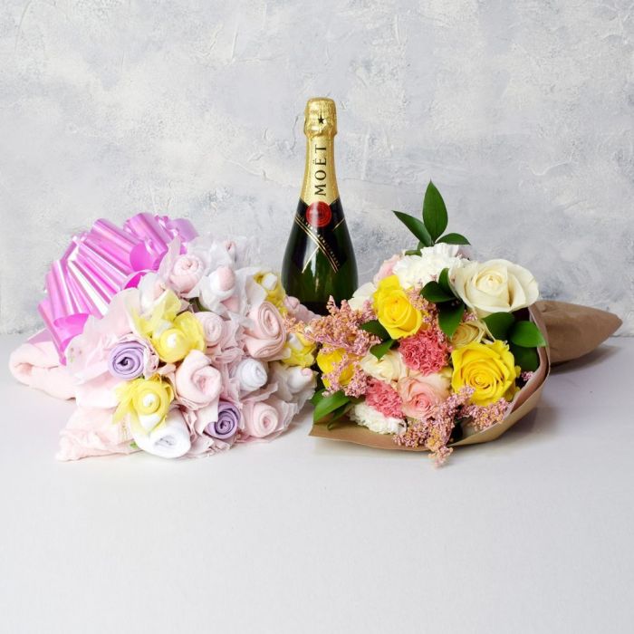 Baby Girl Bouquet Gift Set With Champagne - Vancouver Baskets - Vancouver Baskets Delivery