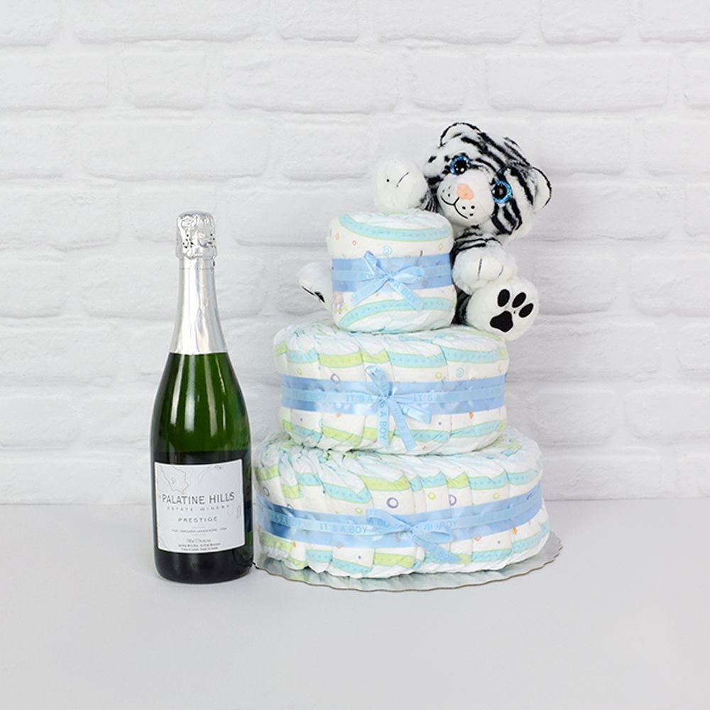 Diapers &amp; Plush Tiger Champagne Gift Set from Vancouver Baskets - Vancouver Delivery