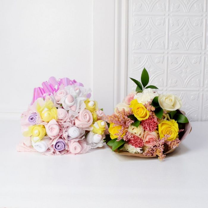 Floral &amp; Cuddly Bouquet For The Baby Girl Gift Set from Vancouver Baskets - Vancouver Delivery
