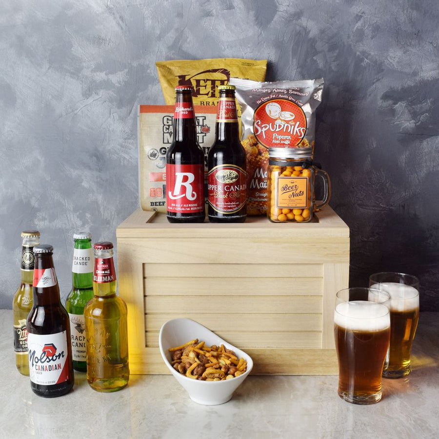 Gift your loved ones the amazing Gourmet Game Day Beer Gift Crate that’s full of crunchy and flavorful treats made just for the big day from Vancouver Baskets - Vancouver Delivery