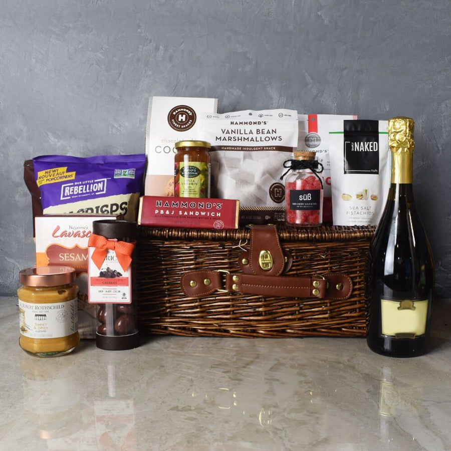 Kosher Champagne & Treats Basket courtesy of Vancouver Baskets is the perfect gift to congratulate a friend, family member, or colleague -Vancouver Delivery