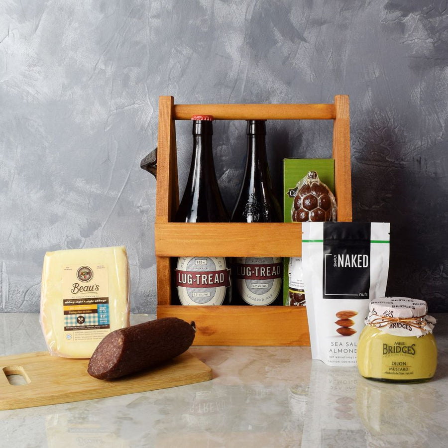Sample all the gourmet favorites in one basket with the Meat, Cheese & Beer Gift Set that includes a variety of bold from Vancouver Baskets - Vancouver Delivery