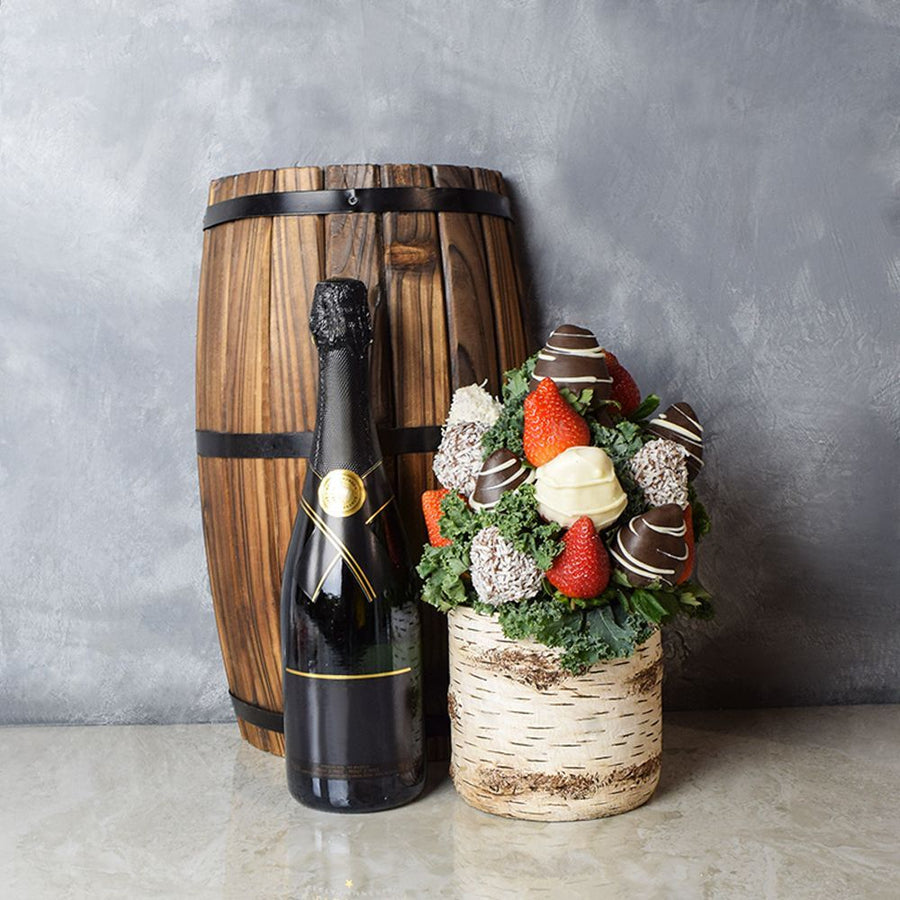The Oakville Chocolate Dipped Strawberries Vase & Bubbly is a simple yet elegant way to send your regards. No matter if it’s Mother’s Day, Valentine’s Day or another occasion, this gift basket is perfect for pampering from Vancouver Baskets - Vancouver Delivery
