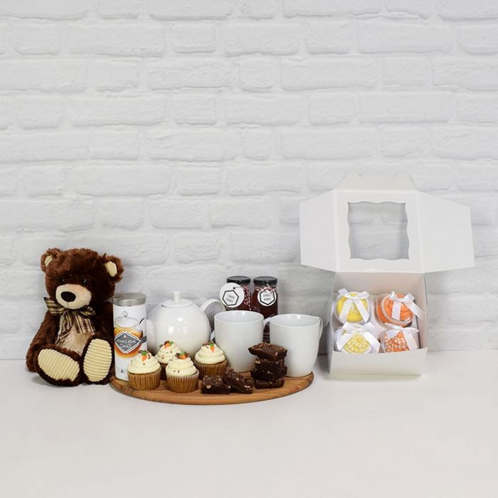 Baby Gift Collection with Plush Bear – gift basket with teak round cutting board, sock cupcake box and perfectly plush toby n' koby plush