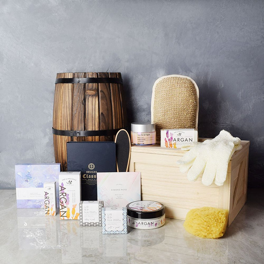 The Radiant & Lavish Spa Gift Set that includes an array of skincare essentials that will bring the spa-like experience to the comfort of their home. These include Urban Spa’s wide range of cleansing and care products such as the bamboo and jute bath mitt, exfoliating gloves, foot file or dry and damaged skin, and a circulation-boosting bath sponge to take care of skin gently while providing visibly smoother skin after shower from Vancouver Baskets - Vancouver Delivery