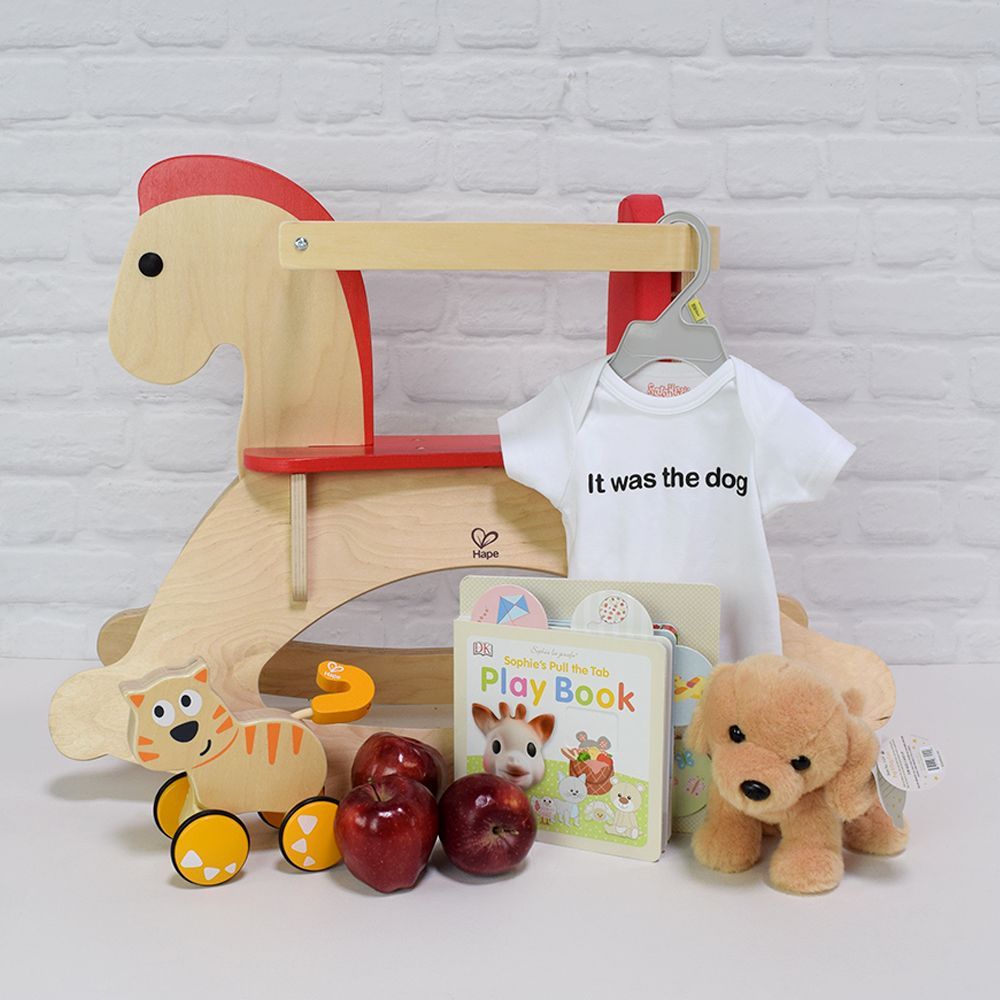 "Rock &amp; Roll Baby Gift Basket" Rocking Horse, Baby Onesie, Apples, Furry Toy, and a Playbook from Vancouver Baskets - Vancouver Delivery