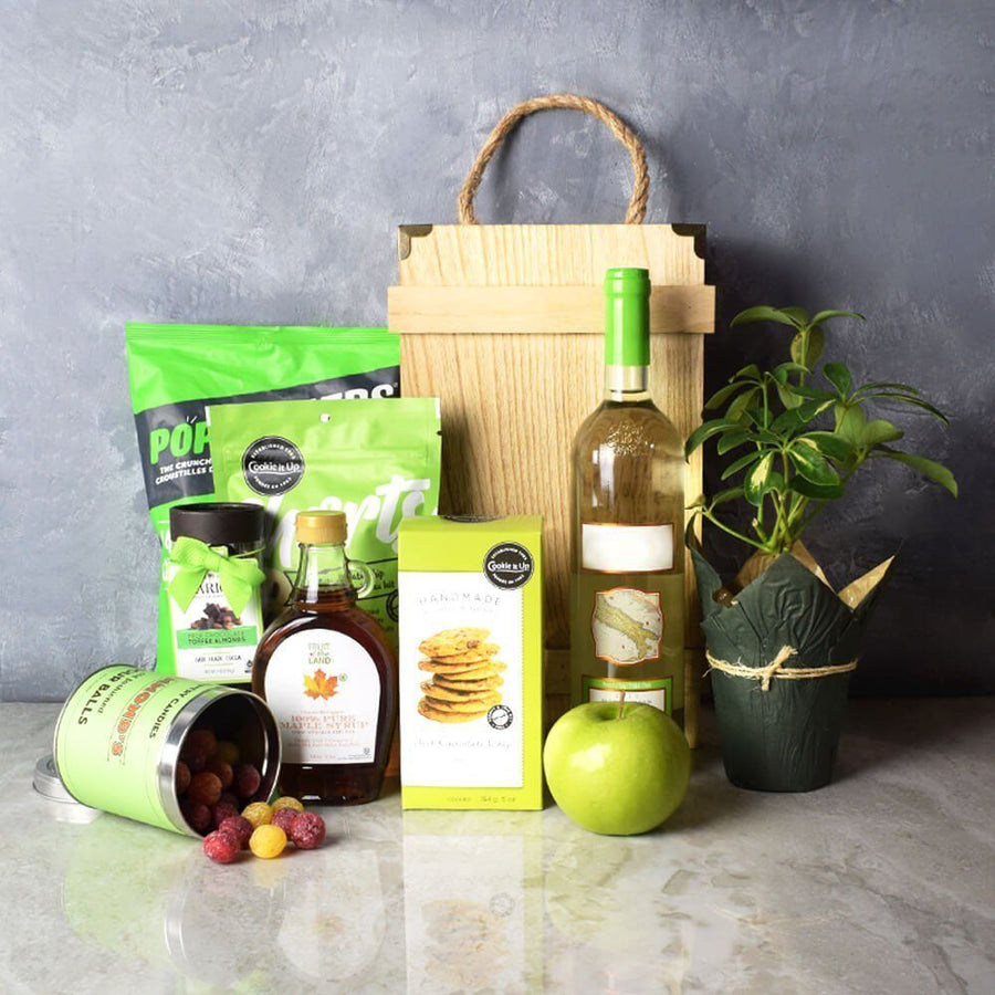The Rosh Hashanah Wine Crate is a great way to ring in the Jewish New Year. Send someone special your best with this collection of treats and snacks, including fresh fruit, a bottle of maple syrup, cookies, gourmet chocolates, old-fashioned sour candy, chips, a potted plant, and a bottle of fine wine from Vancouver Baskets - Vancouver Delivery