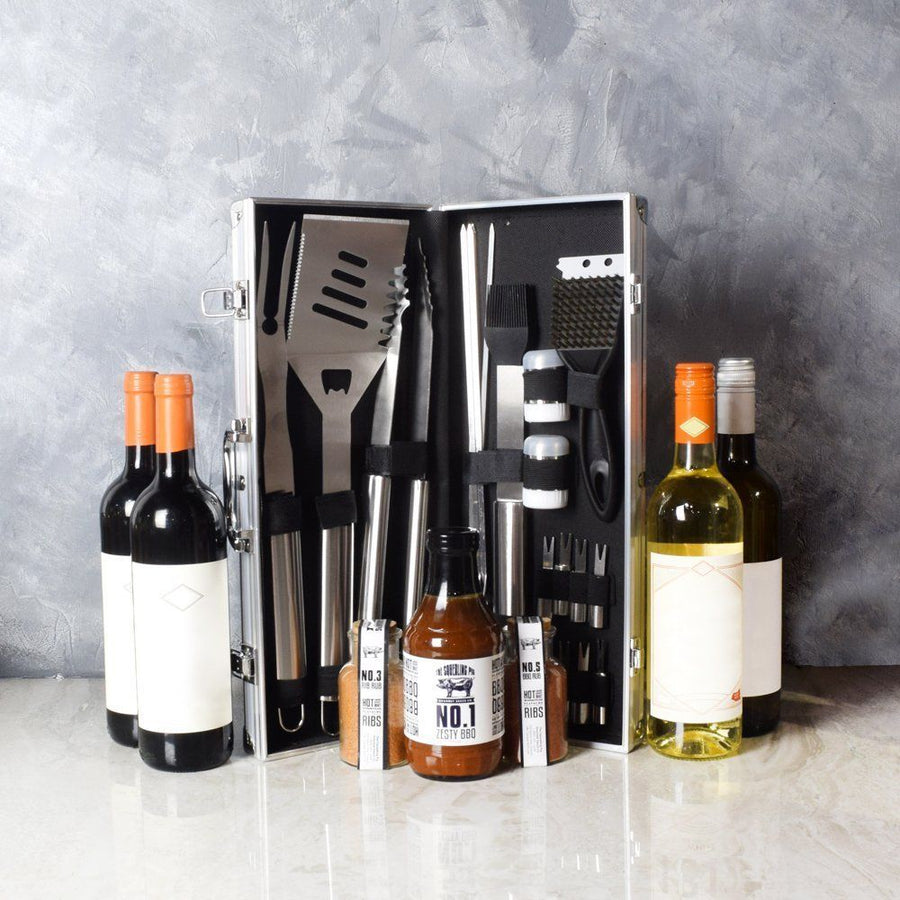 , The Chilling & Grilling Gift Set combines a superb selection of savoury barbecue seasonings, barbecue sauce and an assortment of wines, they’re sure to love! Featured in this gift set is an essential selection of tools and accessories that any griller will need when it comes to barbequing from Vancouver Baskets - Vancouver Delivery