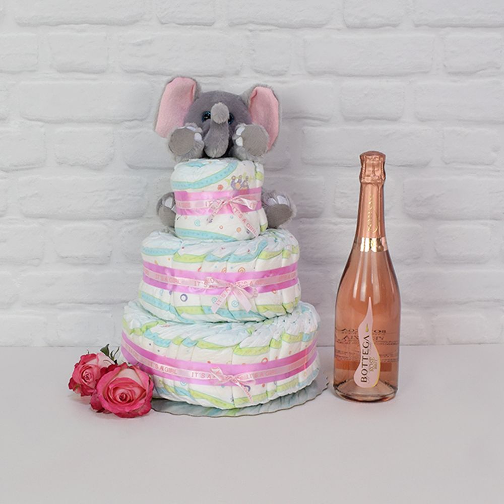 Diaper Cake and Champagne Gift – how the gift is presented