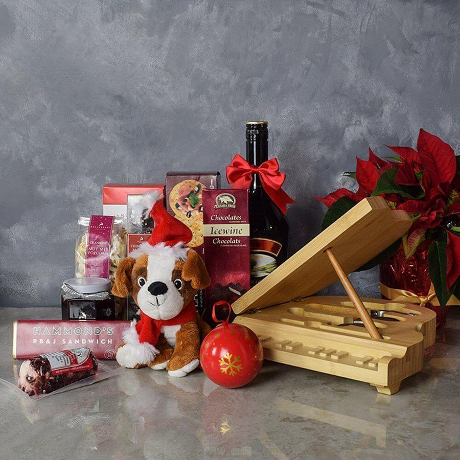 With an array of tasty holiday snacks, the Yuletide Liquor & Snack Basket is a delicious way to wish someone a Merry Christmas. Great for family, friends, or a client, it’s got a selection of gourmet treats and a bottle of liquor and is sure to impress. Included in this basket is a bottle of premium liquor (which can be upgraded), cranberry nut mix popcorn, chocolate truffles, icewine chocolates, gourmet cookies, cranberry raspberry jam, and more from Vancouver Baskets - Vancouver Delivery