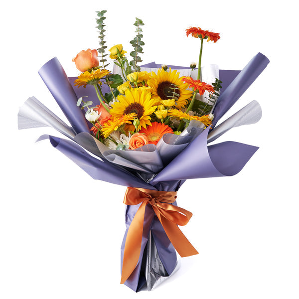 Bright & cheerful — flowers gift direction, illustrative; contents vary