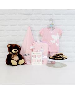 WEE GIRL & TOBY BEAR GIFT BASKET, baby girl gift basket, welcome home baby gifts, new parent gifts
